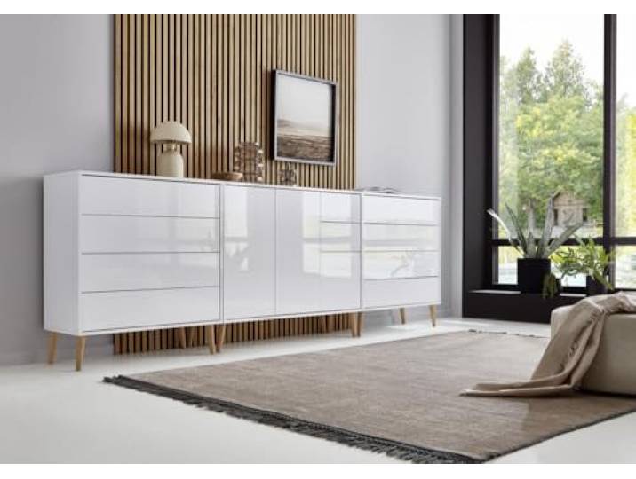 BMG Möbel Sideboard mit Holzfüße »Mailand Set 8«, Korpus weiß matt und weiß lackierte Hochglanzfronten