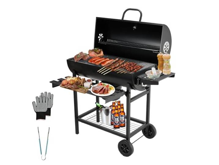 TEENO Grill Grillwagen Holzkohlegrill mit Deckel,Ascheschublade,Thermometer,Transportrollen, Verbrühschutzhandschuhe,Holzkohle kohlegrill mit Seitenablage,Wagen groß Kohle BBQ Barbeque,105,5x85x118cm