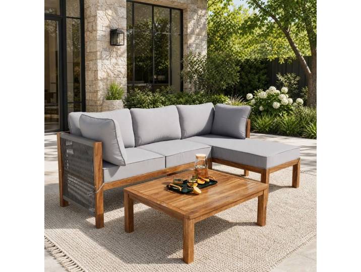 VUENOR salon bas de jardin d'angle 3 pièces gris bois d'acacia table basse