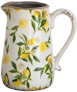 Nearly Natural 9-in Lemon Print Ceramic Rustic Jug Vase
