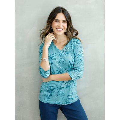 3/4-Arm-Shirt CLASSIC BASICS "Shirt", Damen, Gr. 38, blau (ozean), 100% Baumwolle, bedruckt, gemustert, V-Ausschnitt, Shirts 3/4-Arm-Shirt