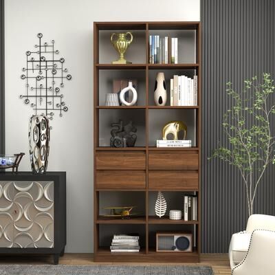 Kodotan sofa Open Cubby Bookcase with 4 Storage Drawers, Tall Freestanding Display Shelving Unit, Modern Storage Cabinet for Living Room