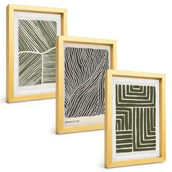 BILDER SET 3er Set - 20x30 cm Goldrahmen - Muster Linien Formen grün
