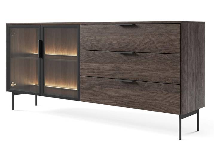 Selsey Lumi - Sideboard 2-türig mit Glasfronten, 3 Schubladen und LED, Eiche Dunin, 181 cm