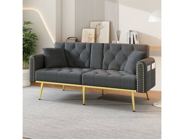Canapé convertible - ZEVKOR - Canapé Convertible 2 Places - Velours gris - Dossier 3 positions - Porte-gobelet & coffre