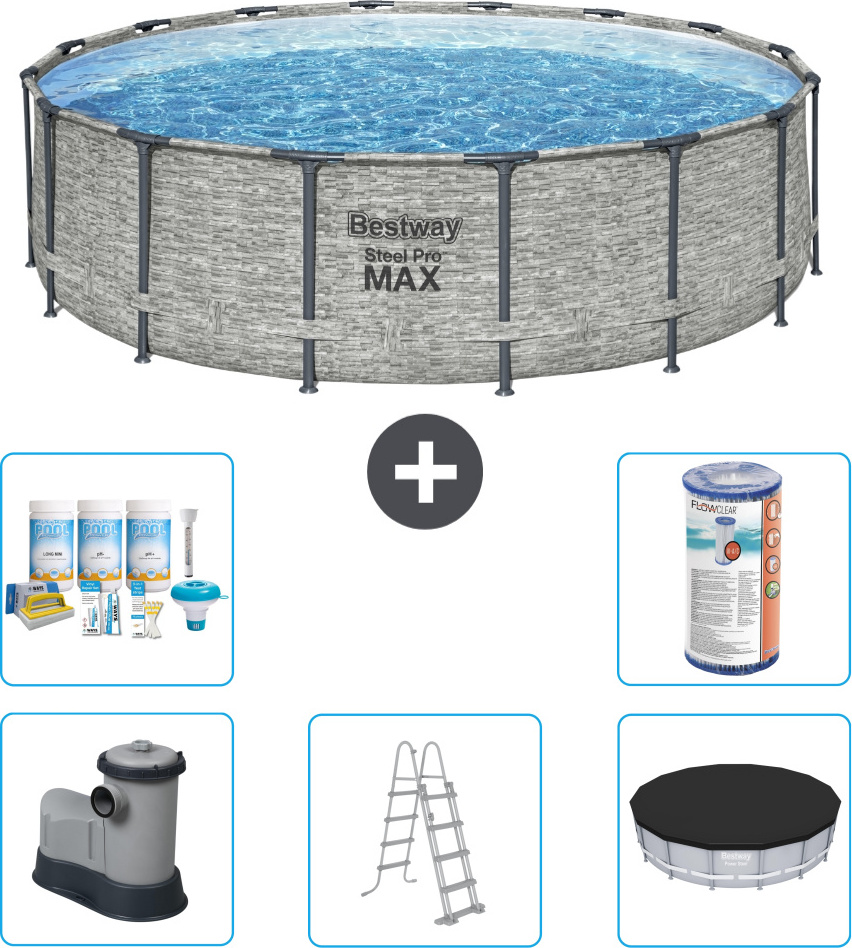 Bestway Round Steel Pro MAX Schwimmbad - Steindruck - 488 x 122 cm - inklusive Pumpe - Leiter - Abdeckung Wartungspaket - Filter