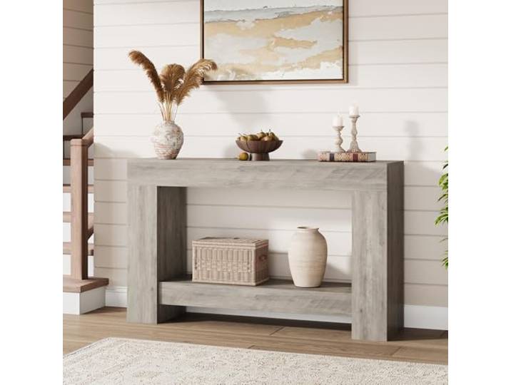 Niwugady Landhausstil Konsolentisch Aus Holz, 2 Ebenen Schmaler Flurtisch Mit Ablage, Offen Vielseitig Konsolentisch Für Wohnzimmer, Flur & Eingangsbereich, 120cm Länge, Grau