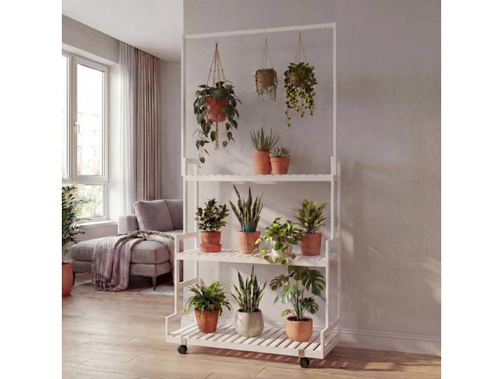 étagére à plantes en bambou HWC-Q33 étagére en escalier pour fleurs tige avec 3 étagéres et roulet
