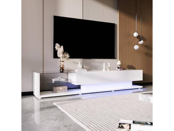 BTM TV-Schränke, niedrige Paneele, hochglänzende weiße Glastrennwände und Variable LED, Es verbindet natürlichen, rustikalen Stil mit modernem Design