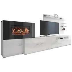 WOHNWAND mit Elektrokamin weiß, Hochweiß lackiert, 290/45/170cm