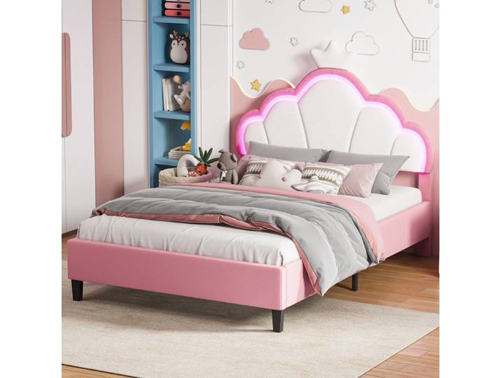 Lit enfant 140x190cm LED Lit enfant pour fille Lit pour enfant avec LED fille Lit avec Sommier à Lattes Rose+Blanc+Flanelle
