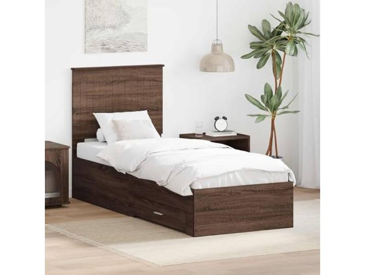 RJPLMFV Bettgestell mit Schublade, Eiche, Braun und Silber, 70 x 190 cm Holzwerkstoff, integrierte Aufbewahrung, modernes Kopfteil, einfache Wartung