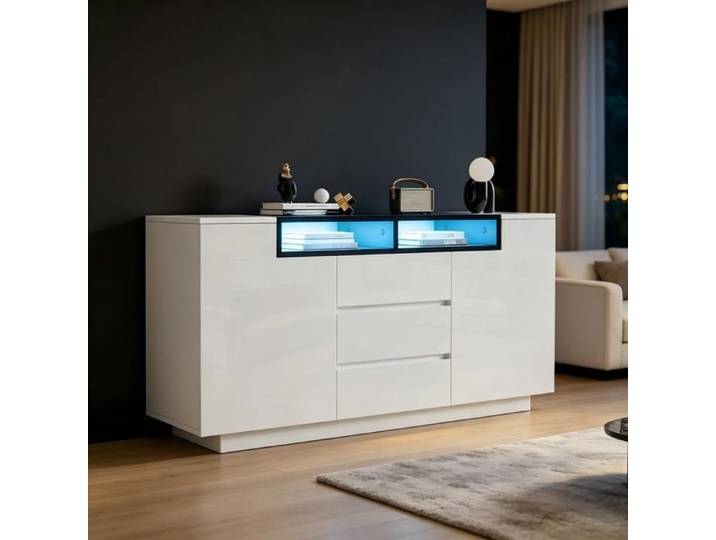 Piaenon - Buffet Brillant 140×40×68cm avec LED 2 Portes 3 Tiroirs 50kg Design Moderne Salon - Blanc