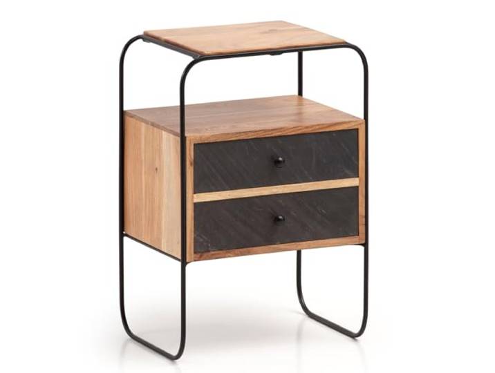 WOHNLING Nachttisch 40x30x60 cm Akazie Massivholz Steinoptik Braun Nachtschrank Industrial mit 2 Schubladen, Nachtkommode für Boxspringbett, handgefertigtes Unikat, Nachtkonsole