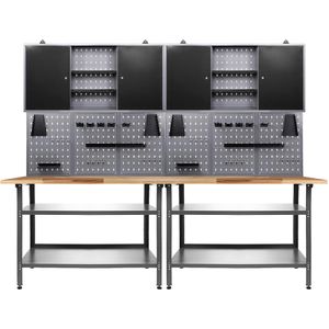 Ondis24 Werkbank Nobbi, schwarz, 6-teilig, 2 Hängeschränke, 2 Ablageböden & Lochwand, 240 x 205 x 60 cm