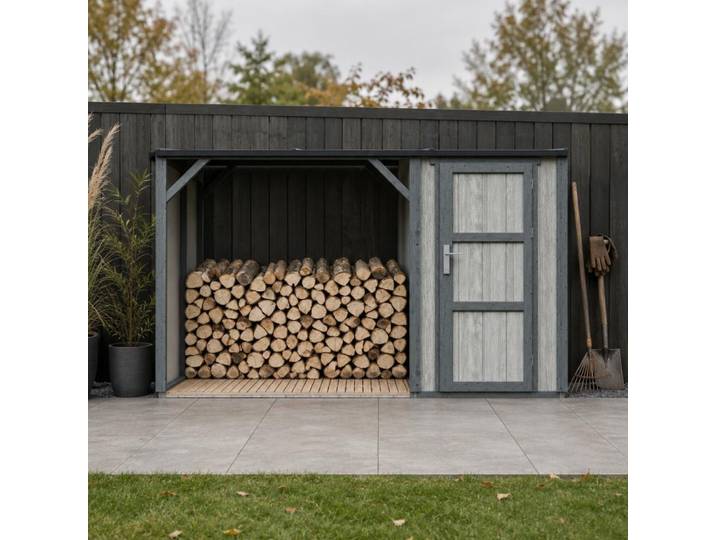 TIMBELA M985-TUNDRA CAVERN Brennholzlager mit geschlossenem Stauraum 4,14 m², Kaminholzunterstand mit Geräteraum