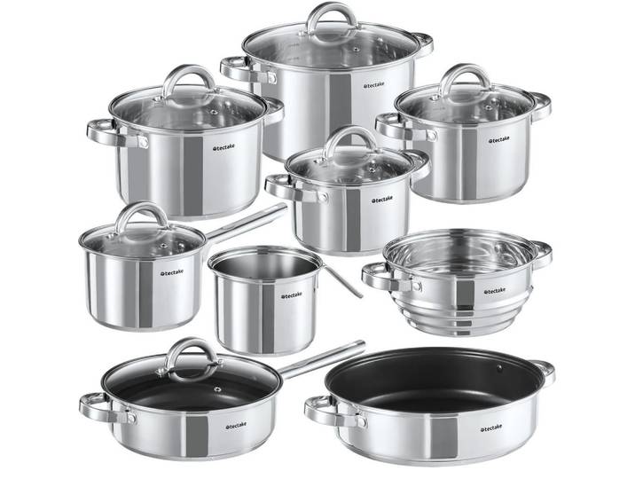 tectake Kochtopfset Turin, integrierte Messskala in den Töpfen, silber, Silberfarben, Metall, Rund, Kochgeschirr, Töpfe, Topfsets