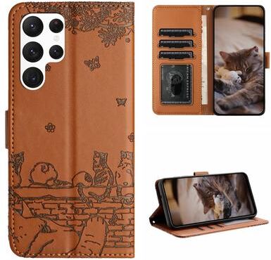 Inspired Deals Cute Cat Embossed Wallet Phone Case For Samsung Galaxy With Card Holder And Lanyard For Samsung Galaxy S22 Ultra brown