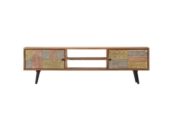 PUGYNBK TV-Möbel aus massivem Akazienholz, 140 x 30 x 40 cm Vintage-Stil, 2 Türen und 2 Fächer, Honig-Finish, Metalldetails