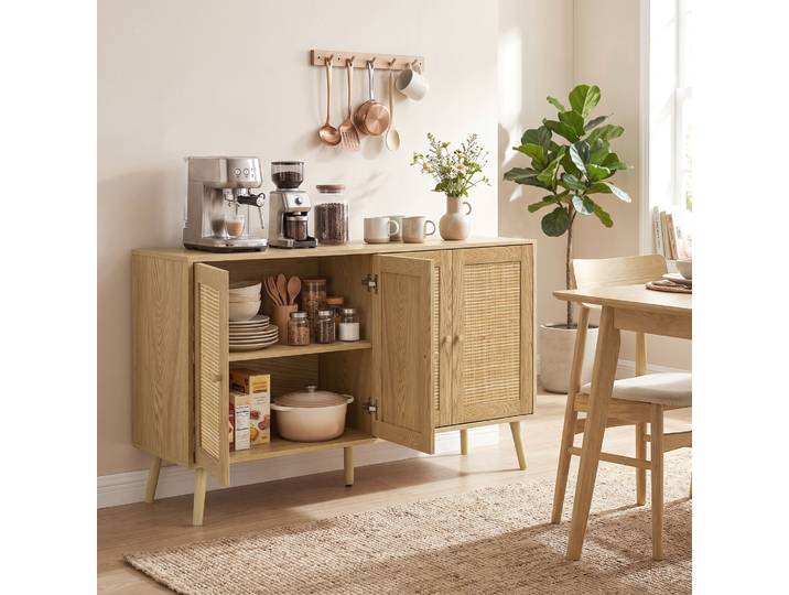 HOMCOM Buffet Rotin 4 Portes Bois Naturel 2 Étagères Réglables