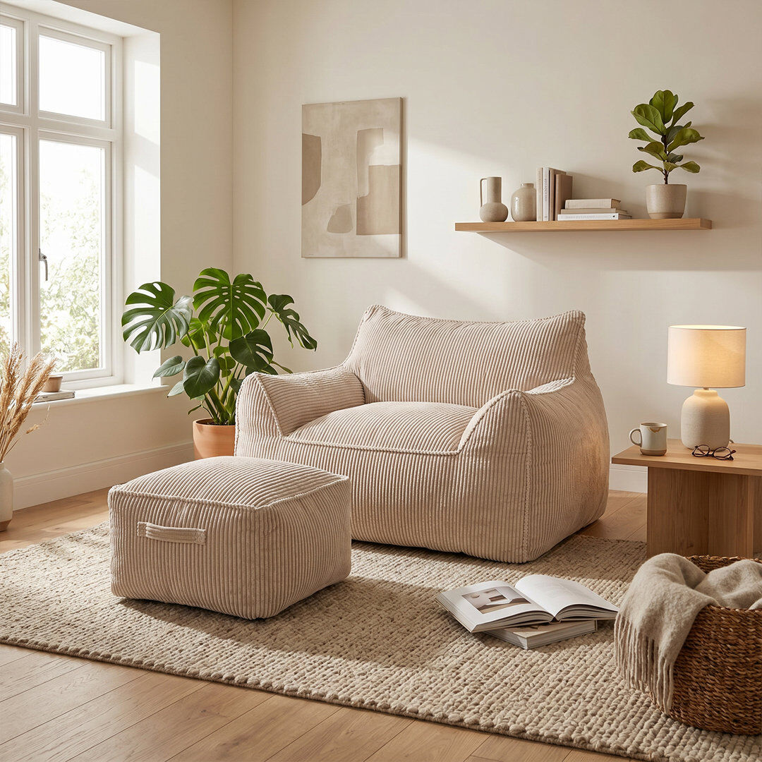 17 Stories Beige Corduroy High Back Bean Bag Chair with Footstool, Filled, Lounge Armchair, No Assembly Beige
