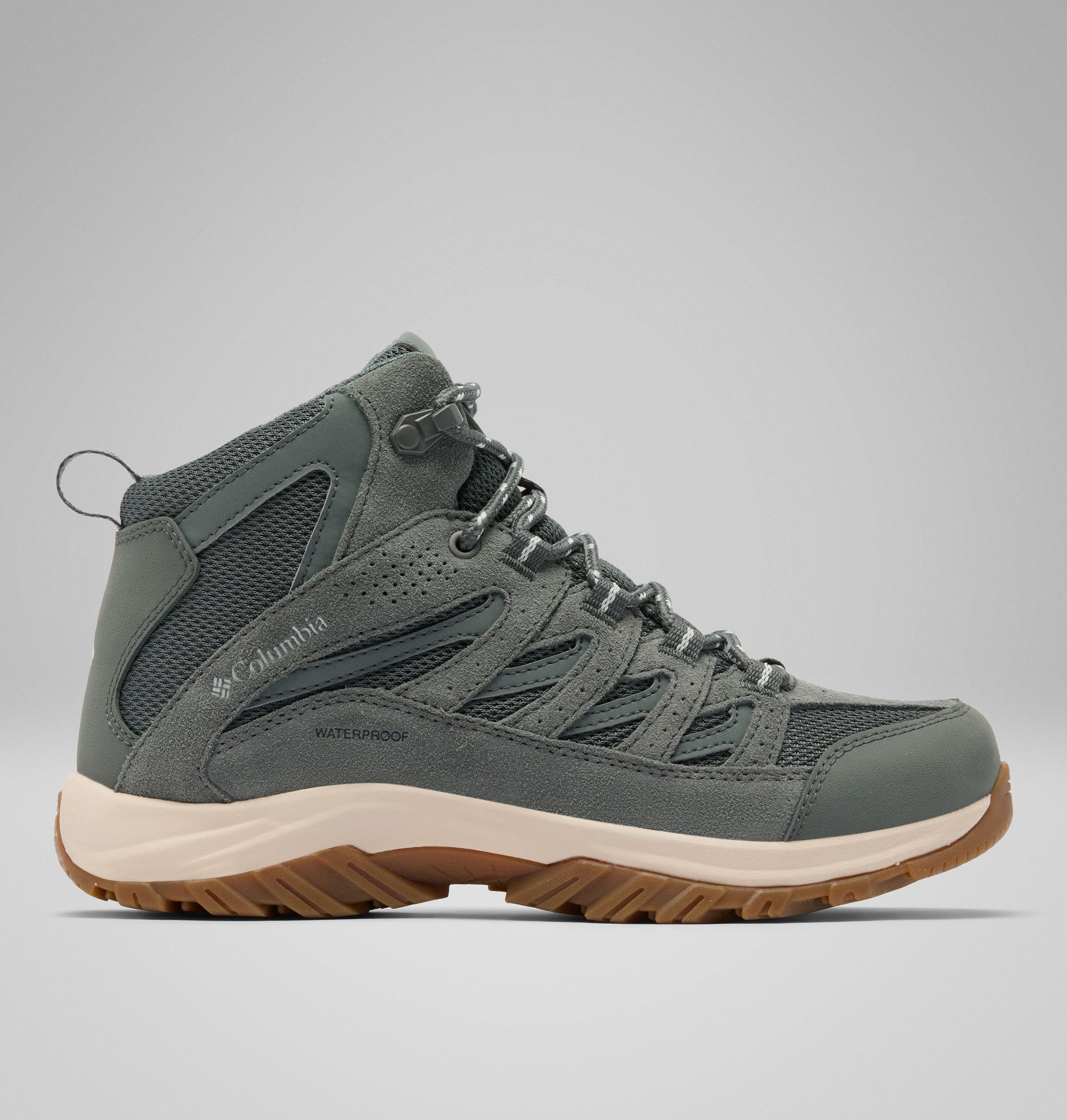 Wanderschuh COLUMBIA "CRESTWOOD™ MID WATERPROOF", Damen, Gr. 40,5, atmungsaktiv, grau (sedona sage, tea light), Leder, Synthetik, Textil, Schuhe Wanderschuh, knöchelhohe Form, wasserdichte Ausführung, profilierte Gummilaufsohle sedona sage, tea light 40,5