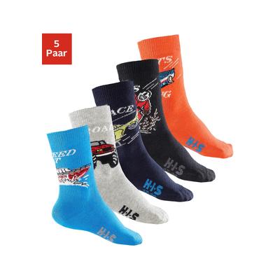 Socken H.I.S "für Kinder und Jugendliche Motivsocken", Mädchen, Gr. 31-34, bunt (schwarz, grau, orange, marine, blau), Baumwolle, Elasthan, Polyamid, uni und gemustert, elastisch, Socken Socken Strümpfe Lange Socke, mit Automotiven