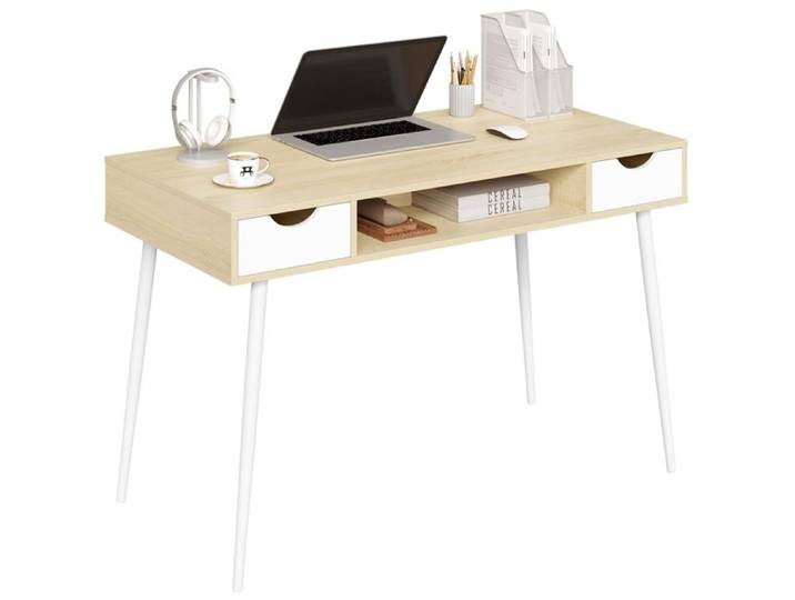 WOLTU Bureau d'ordinateur en métal et bois Table de bureau avec 2 tiroirs et 1 compartiment ouvert 120x58x77cm Chêne