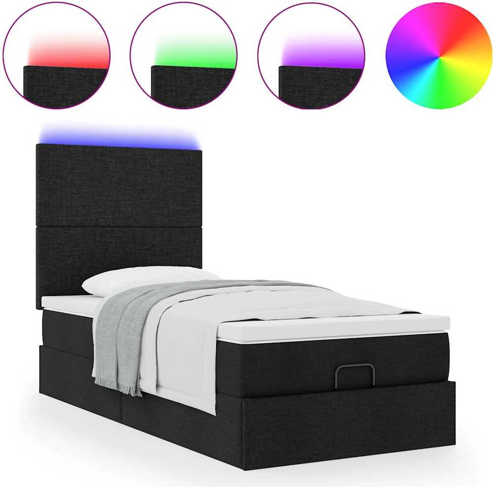 Ottoman-Bett, Stauraumbett mit hydraulischem Hebemechanismus, Stoff, Taschenfederkern-Matratze, Matratzenauflage, LED-Beleuchtung, Schwarz, 90x200 cm