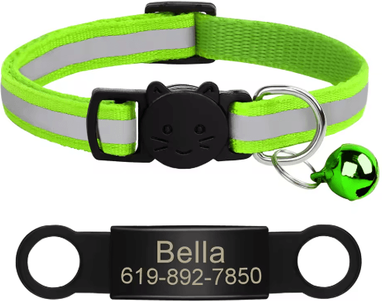 Inspire Picks Personalized Reflective Cat Collar With Engraved ID Nameplate & Bell fgreen 341