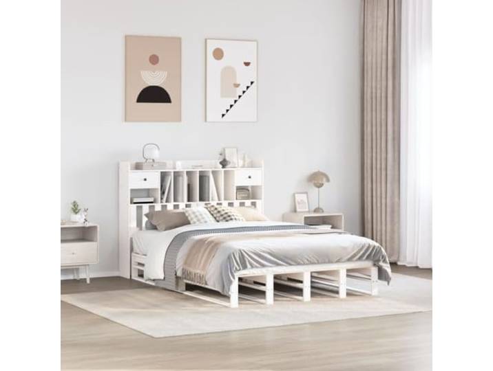 RJPLMFV Bücherbett, massives Kiefernholz, Weiß, 150 x 200 cm Ohne Matratze, Lattenrost inklusive, Kopfteilaufbewahrung, ersetzt Nachttisch, ideal für kleines Schlafzimmer