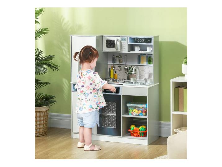AIYAPLAY Spielküche mit Lichtern und Geräuschen Kochherd, Mikrowelle, Kaffeemaschine Holzwerkstoff, für 3-8 Jahre Kinder, Weiß