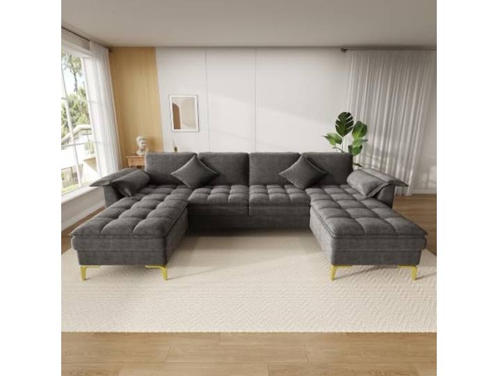 U‑förmiges Ecksofa, 4‑Sitzer Moduldesign mit Cloud‑Optik und doppellagigen Schaumkissen, inkl. 2 Chaiselongues,2 Kissen, goldene Metallfüße, Chenille‑Bezug, geeignet für Wohnzimmer/Schlafzimme, Grey.