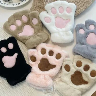 DynamicDeals Lovely Plush Cat Paw Gloves, Warm Fingerless Mittens, Soft Fluffy Bear Claw Costume, Short Half Finger Gloves pink