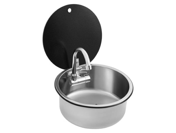 Wohnmobil Spülbecken Edelstahl 304 34 cm mit faltbarem Wasserhahn Spülbecken, rund, 34 x 15 cm, Deckel aus Hartglas, für Boot, kleine Küche, Bar, begrenzter Raum, Haus, kleines Raum