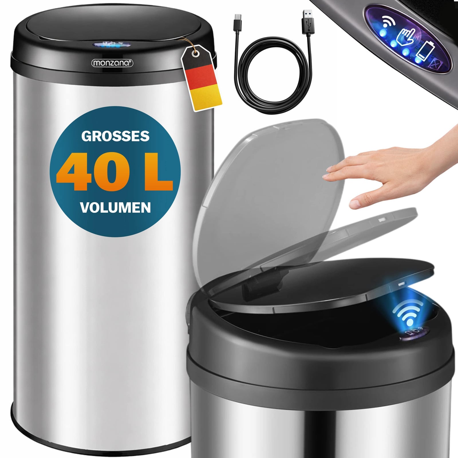 Monzana Sensorprullenbak voor de keuken, zilverkleurig