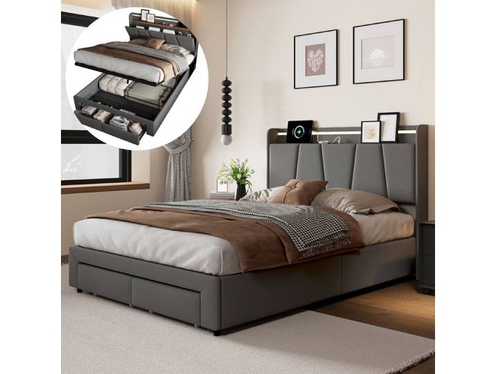Lit double - LUMINARIX - 140x190 cm - Lit Coffre - Éclairage LED - Tiroirs de rangement