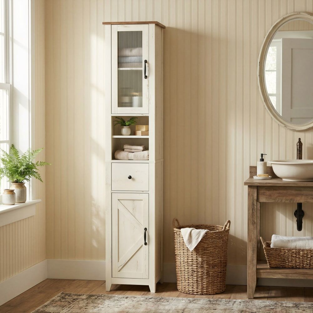 VASAGLE Armoire de salle de bain style maison de campagne blanc et marron Blanc 33x171x32cm