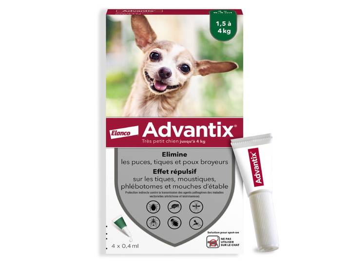 Advantix® Chien extra petit – Traitement anti-puces et tiques – 1,5-4 kg – 4 pipettes