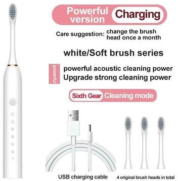 Inspired Living Premium Universal Rechargeable Six Speed Automatic Electric Toothbrush Gentle Soft Bristle Care For All Ages white