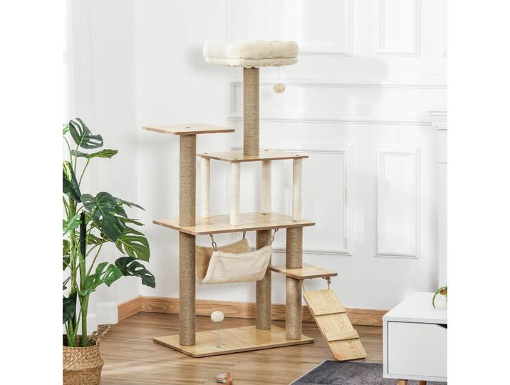 PawHut Arbre à chat tour de jeux pour chat, platesformes, niche, lit, hamac, échelle et griffoirs en jute 60x40x130cm jaune