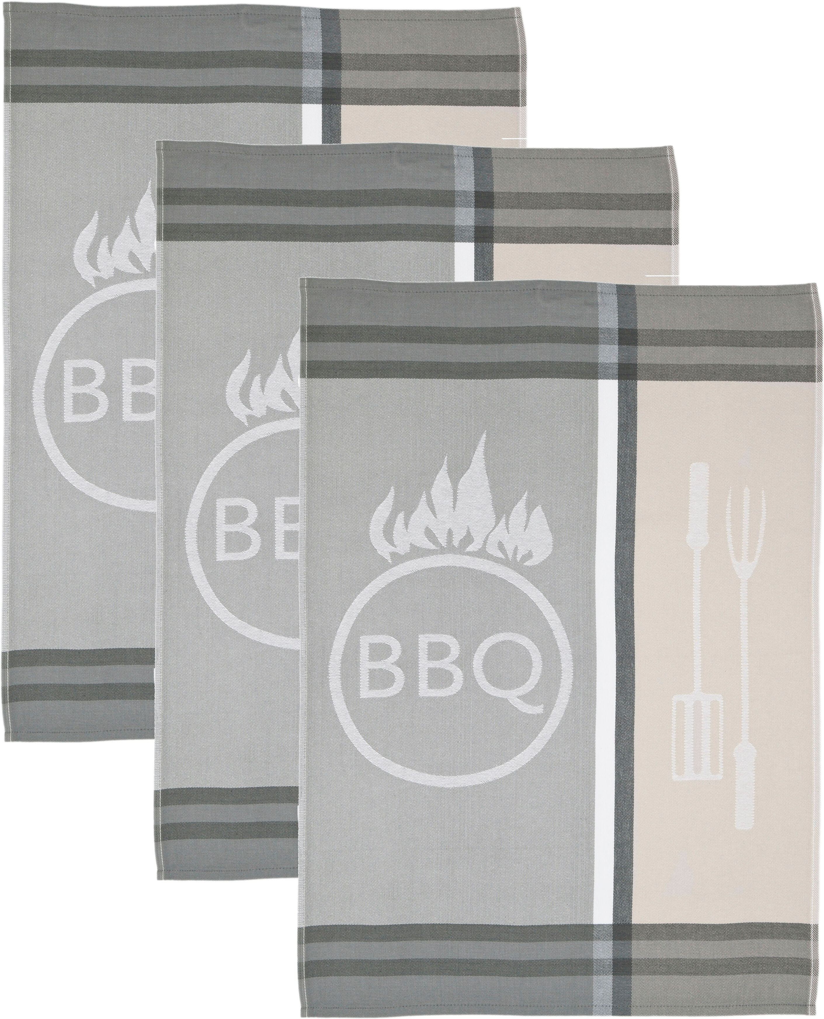 Geschirrtuch ROSS "BBQ", grau (grau, beige), B:50cm L:70cm, 100% Baumwolle, Geschirrtücher, Geschirrtuch, Motivtuch, aus 100% Baumwolle grau, beige 3 Stk., 100 % Baumwolle