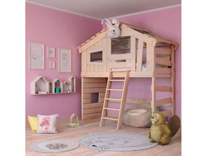 bibex Hochbett ALPIN CHALET Hochbett, Kinderbett, Etagenbett, Hausbett - natur 90x200