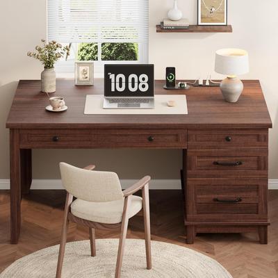 Garvee Farmhouse Office Desk with Charging Station File Drawer 53.5 in Wooden Computer Desk