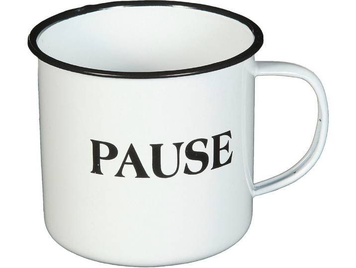 Tasse AMBIENTE HAUS Becher PAUSE aus Emaille in Antikweiß , weiß, B:14cm H:10cm, Emaille, Trinkgefäße, Tasse