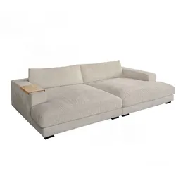 KAWOLA Big Sofa MADELINE mit Holztablett natur für Armlehne Cord cremeweiß