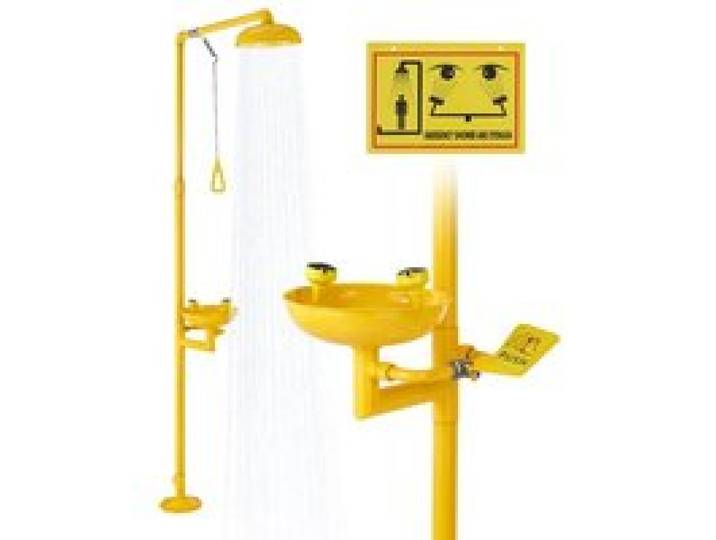 VEVOR Station de Lavage Oculaire d'Urgence, 87x40x233 cm, Douche Rinçage Yeux Acier Inoxydable Premiers Secours, Diamètre Bassin 27 cm, pour Laboratoires, Usines, Écoles, Chantiers Construction, Jaune