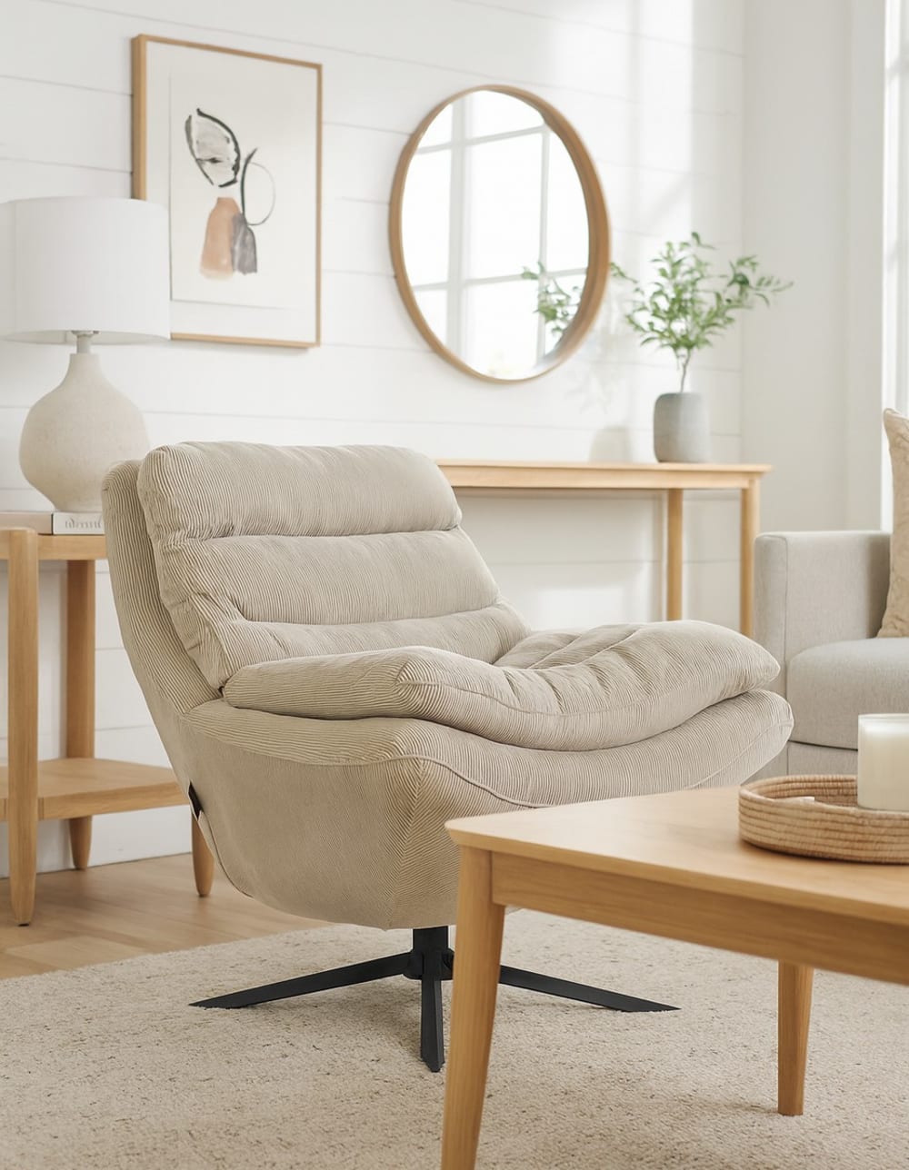 Dutchbone Sillón de pana beige giratorio