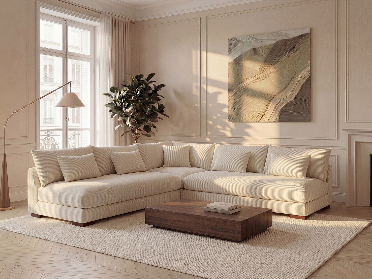 Unique Sofá rinconera reversible de pana beige - SPERONE