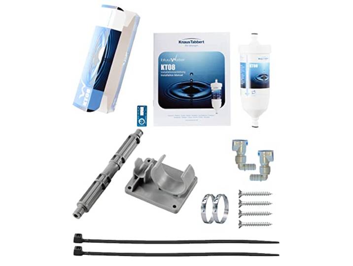 bluuwater KT08 Wasserfilter für Wohnmobile mit Umrüstkit, 90°-Anschlüsse Einbauset für Knaus, Tabbert & Weinsberg - Filtert 99,99999% der Bakterien, Kalkpartikel, etc. - Bis zu 6000 Liter / 6 Monate